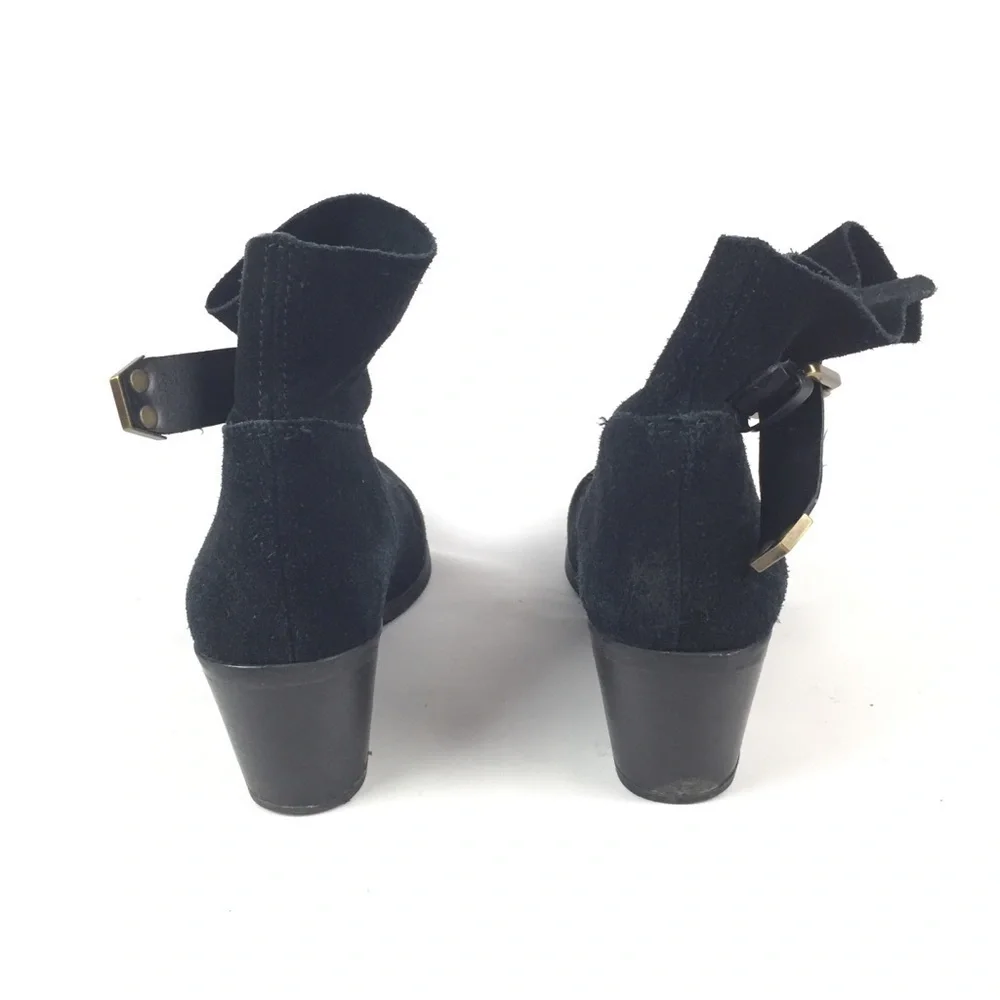 Franco Sarto Black Suede Leather Bootie Gold Buckle Sz 5.5